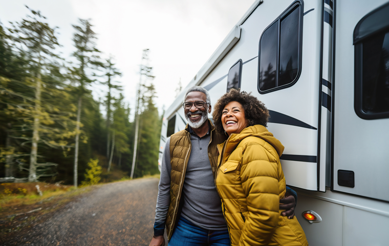 couple posing outside their RV